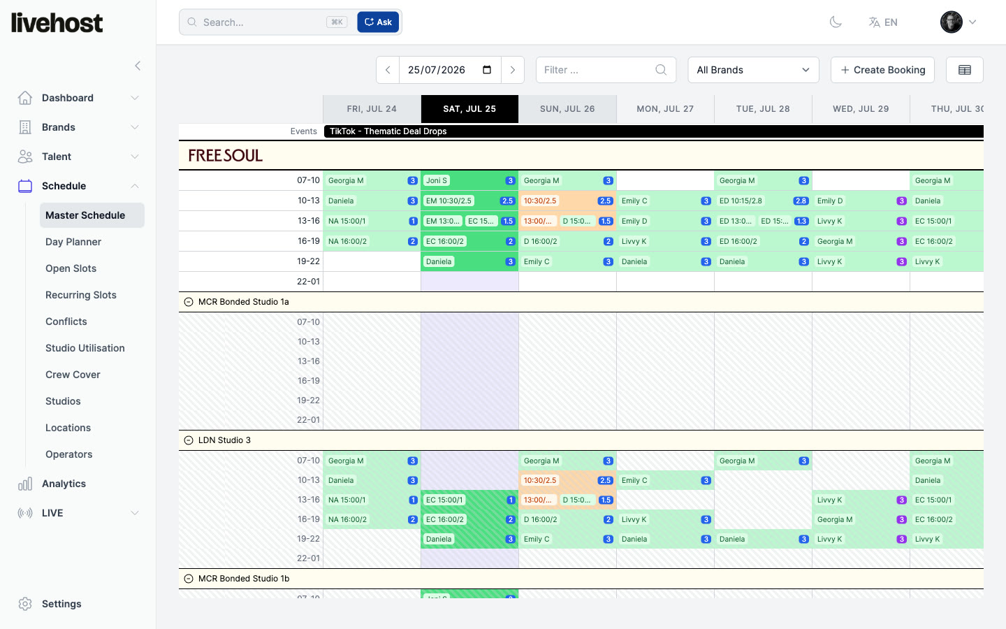 LiveHost platform master schedule with host bookings across London and Manchester studios